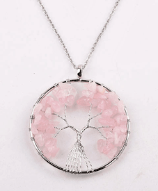 Round Tree of Life Pendant with Genuine  Rose Quartz Crystals